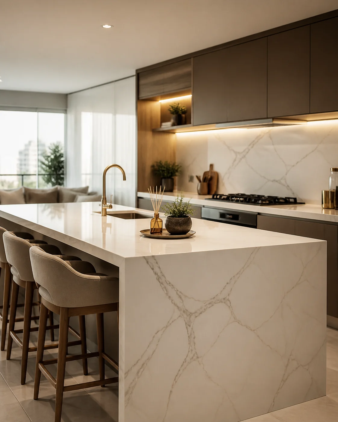 Cozinha premium com ilha em pedra clara